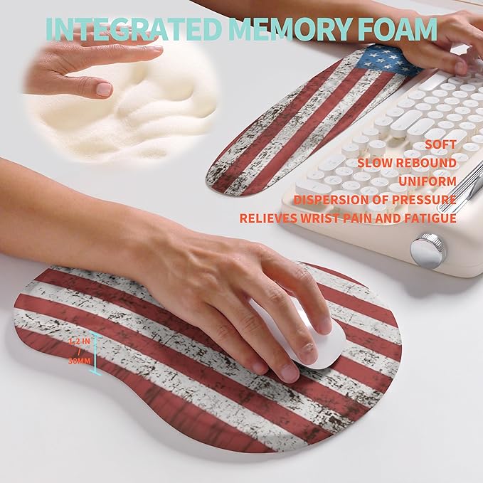 KUOSGM 2-in-1 Ergonomic Set, Wave Rise Keyboard Wrist Rest and Massage Bulge Slope Mouse Pad Wrist Support, Cushion Memory Foam Integrated to Relieve Wrist Pain, American Flag