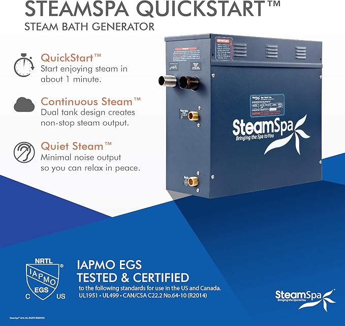 SteamSpa 4.5kW Steam Sauna Generator Executive Bundle 240V Steam Generator with Touch Pad, Steamheads, Pressure Relief Valve, Built-in Auto Drain, LED Light, Filter and Quick Install Kit EXT450BN-A