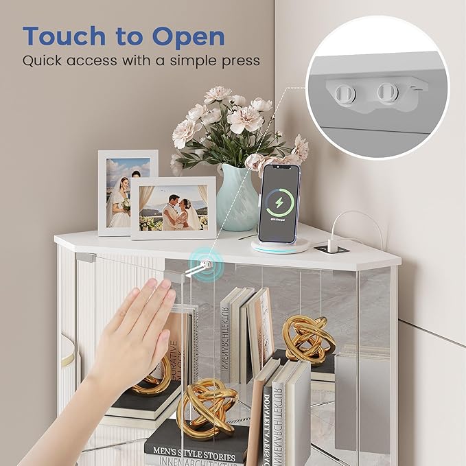 Dystler Corner Display Cabinet with Glass Doors, Small Display Case with 3-Color LED Lights and Charging Station, 2-Tier Curio Cabinet with Storage and Shelf, White