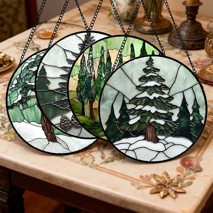 AMDERVEN Stained Glass Window Hanging 4 Pcs Set Forest Green Trees Winter Snow 6.3" - Suncatcher Door Garden Sun Catcher Home Decor Birthday Mother's Day for Woman Nana Mom Men