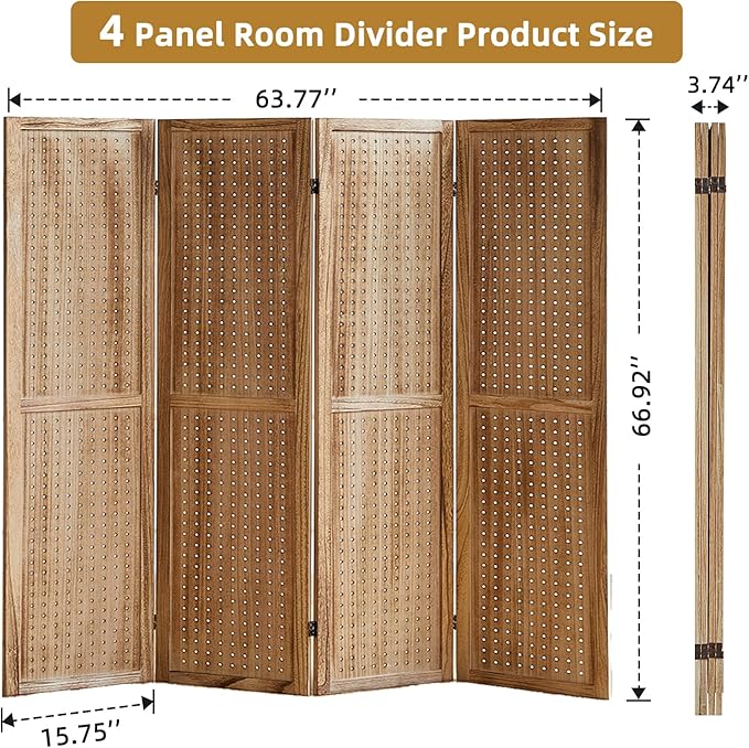 Asnefeli Pegboard Display Room Divider with 16 Hooks, 4 Panel 5.6Ft Wood Room Divider Folding Privacy Screen, Portable Freestanding Wall Organizer for Retail Craft Art Display Board, Natural