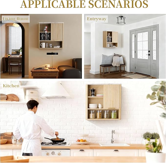 Bathroom Wall Cabinet, Fluted Medicine Cabinet with Adjustable Shelves, Wood Over The Toilet Storage Cabinet for Kitchen, Living Room, Laundry Room, Oak