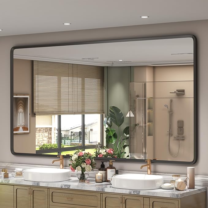 66x36 Inch Black Matte Framed Mirror for Bathroom, Rounded Rectangle Mirror, Bathroom Vanity Mirror for Wall, Anti-Rust, Shatterproof (Horizontal/Vertical)