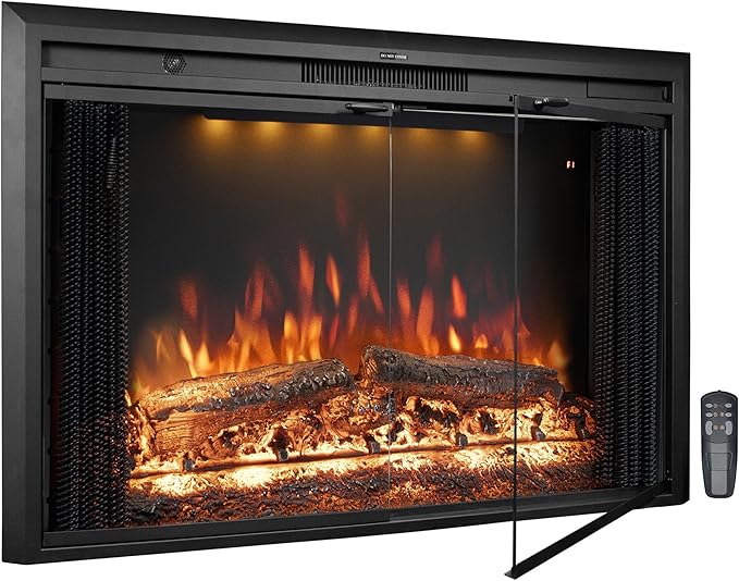 50 Inches Electric Fireplace Insert, 750W/1500W Fireplace Heater with Adjustable Flame and Top Light Colors, Fire Crackling Sound, Remote Control, Timer, Glass Door & Mesh Screen, Black