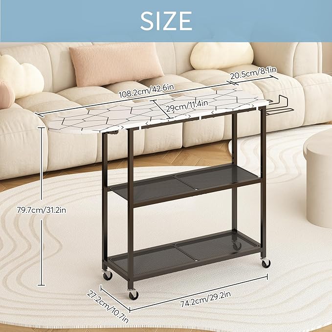 GILLAS Ironing Board with 2 Tier Storage Basket, Movable Ironing Board Full Size for Iron Rest & Clothes, Tabletop Ironing Boards, Ironing Stand Iron Boards Ironing Table Rustic, White