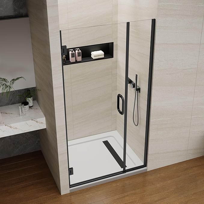 Pivot Swing Shower Door, Adjustable Width 40" W x 74" H Semi-Frameless Shower Glass Door with 5/16 in (8mm) Clear SGCC Tempered Glass with Nano Easy-Clean Coating (Matte Black)