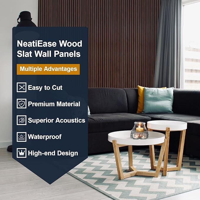 NeatiEase Wood Panels for Wall, 4-Piece 96" x 12.6" Soundproof Wood Slat Wall Panel for Interior Wall Decor Noise Cancelling, Wood Acoustic Wall Panels, Sound Absorbing Panel (Rustic Walnut)