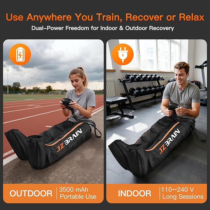 Air Compression Leg Recovery Boots : Dual-Power Sequential Compression System Device with Smart Pressure Sensor - 6 Modes & 14 Positions Foot and Leg Massage for Athletes & Gym (Large)