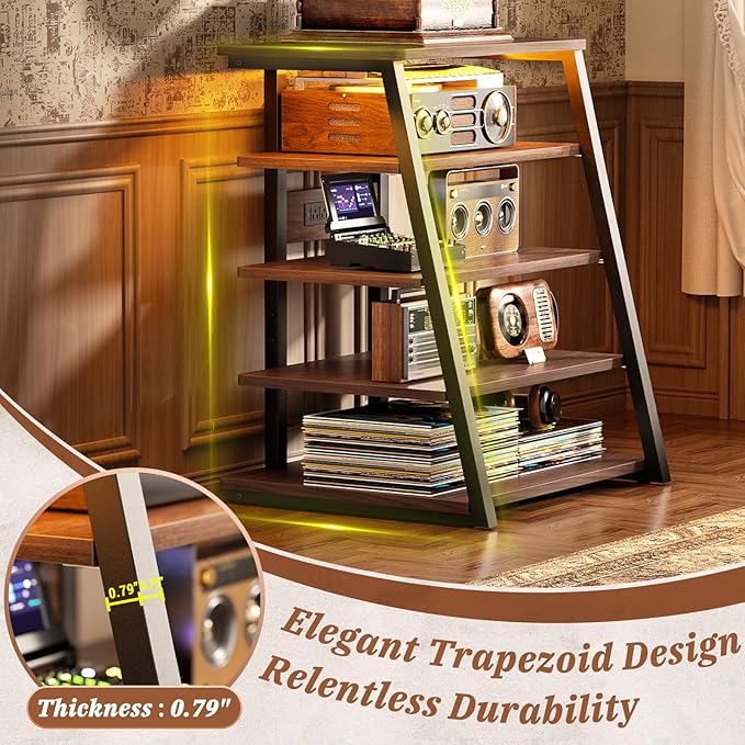 Armocity 5-Tier AV Media Stand with Power Strips, Media Console with LED Lights, Audio Tower Rack with Adjustable Shelves, Stereo Stands and Racks, 40.8'', Black Walnut