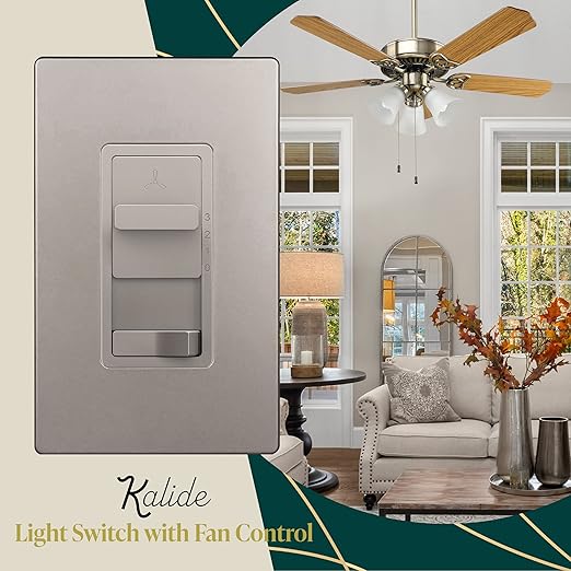 TOPGREENER Kalide Light Switch and 3-Speed Ceiling Fan Control Combo, in Wall Light and Fan Combination Switch, Single Pole, 2.5A, 720W, Neutral Wire Not Required, TGSFS3-NK, Nickel