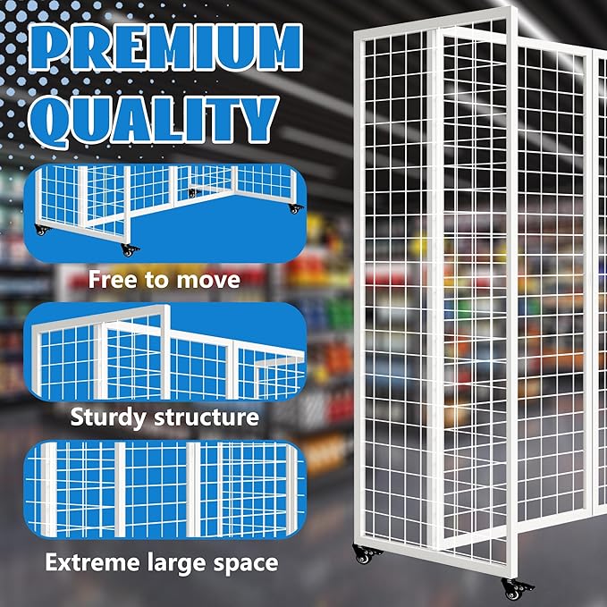 koretech Grid Wall Panels with Wheels, 4 x 5.5Ft Gridwall Panel Display Stand, Sturdy Art Display Panels, Grid Display Stand, White