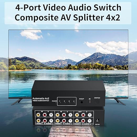 BolAAzuL RCA Switch Splitter 4 in 2 Out - Composite Video L/R Audio Selector Box 4X2, 4-Way RCA Switcher - 4 Port AV Splitter Selector Switch - for Wii PS2 Xbox DVD STB HDTV