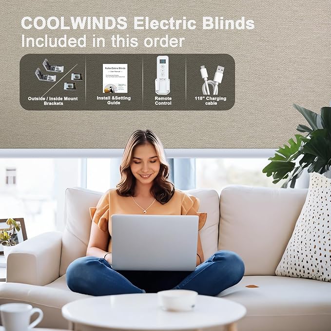 COOLWINDS Motorized Blinds with Remote Cordless Automatic Motorized Shades Custom Blinds for Windows Smart Curtains Compatible with Alexa Google Home(Blackout Sweet Latte,W50 x H72in)