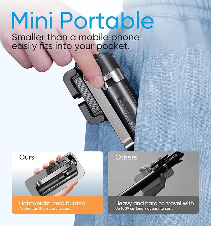 MAGIC JOHN Phone Tripod, Portable Selfie Stick, Pocket Size Tripod for iPhone, Selfie Stick with Detachable Remote Control & 2 Fill Light for Photograph, Live Streaming, Video Recording