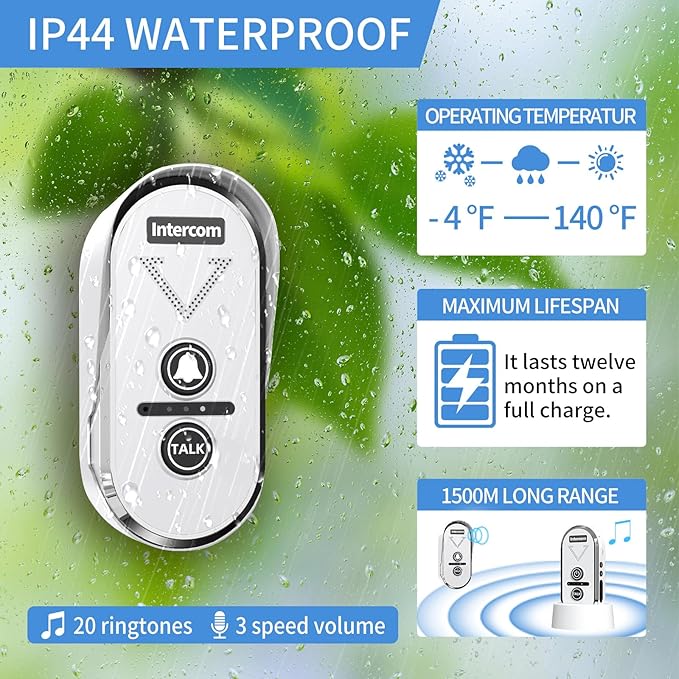 PANDAAR Doorbell Wireless for Home, Wireless Intercom System 4900ft Long Range Waterproof Doorbell Intercom with Rechargeable Battery for House Classroom Business(Black) (1 Indoor&1 Outdoor-White)