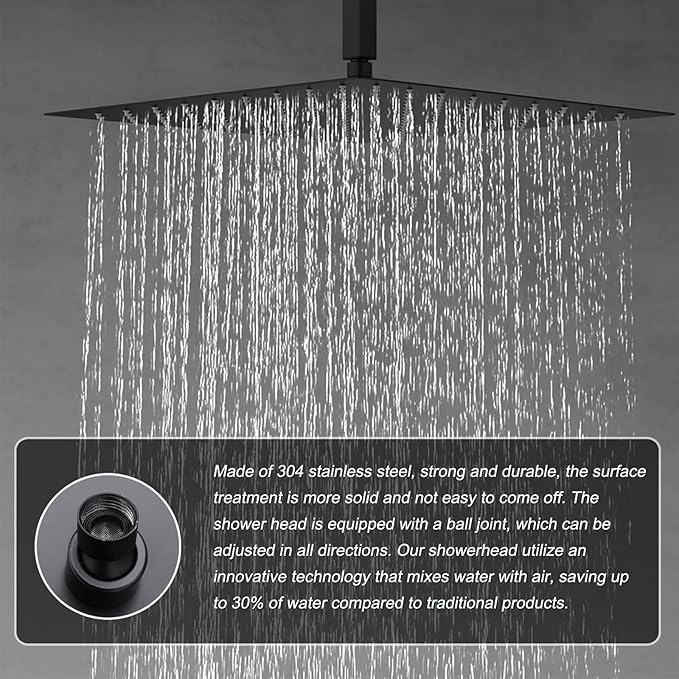 KATAIS Matte Black Shower System Digital Tempreature Display Thermostatic Shower Faucet Set with 12 inch Ceiling Mount and 8 inch Wall Mount Shower Head, with 6 PCS Body Jet and Handheld Spray