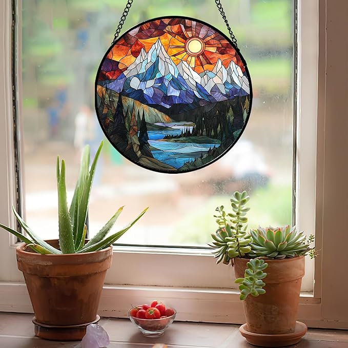 AMDERVEN Stained Glass Window Hanging - Colorful Mountain Lake Landscape Sun Catcher for Door Garden Home Decor Suncatcher Christmas Mother's Day Birthday Gifts for Women Men Mom Nana 9.8 in