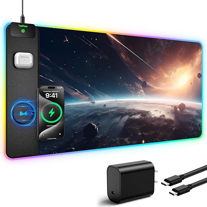 TopMade Wireless Charging Mouse Pad, RGB Gaming Mousepad Home Office Desk Pad, 31.5” x 15.8” Large Desk Mat, Waterproof Keyboard Pad, Cosmic Planet (Includes 20W PD Power Adapter & 6.56ft Woven Cable)