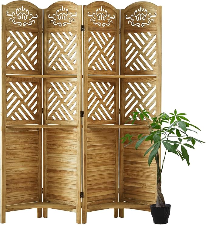 Svimi Room Divider with Shelves, 68.9inch Wood Carved and Louvered Wall Divider Freestanding, 4 Panels Folding Partition Screen for Bedroom Home Office (Natural)