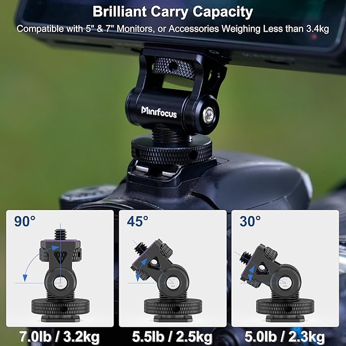 MINIFOCUS Camera Monitor Mount with Cold Shoe, 1/4" Screw for 5" & 7" Field Monitor, Swivel 360° and Tilt 160° Holder for Camera Phone Cage LED Video Light