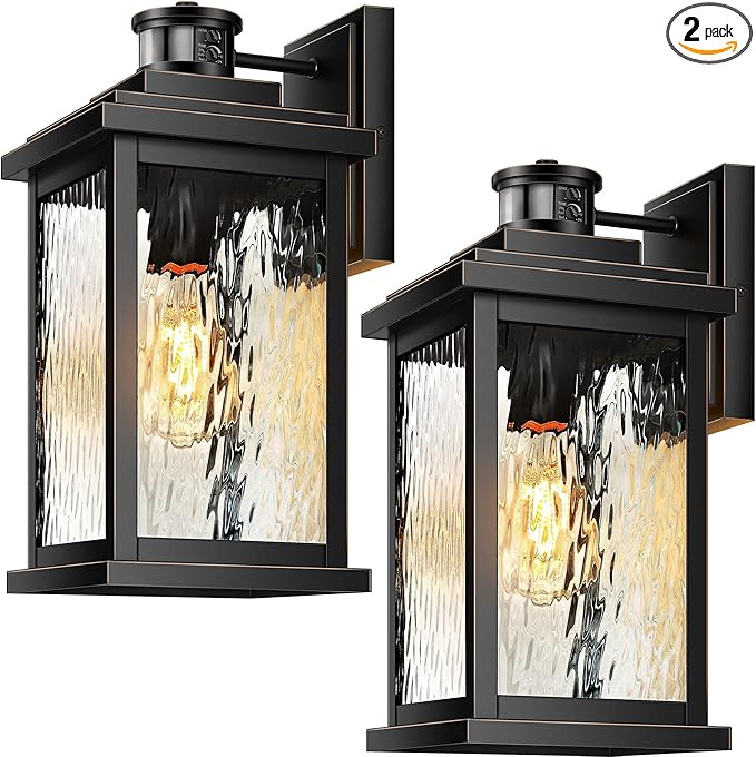 VIANIS Large Motion Sensor Outdoor Lights 2 Pack, Dusk to Dawn Outdoor Lighting with Water Glass, Easy-Install Aluminum Waterproof Hardwired Exterior Lights for Porch, Garage, Front Door