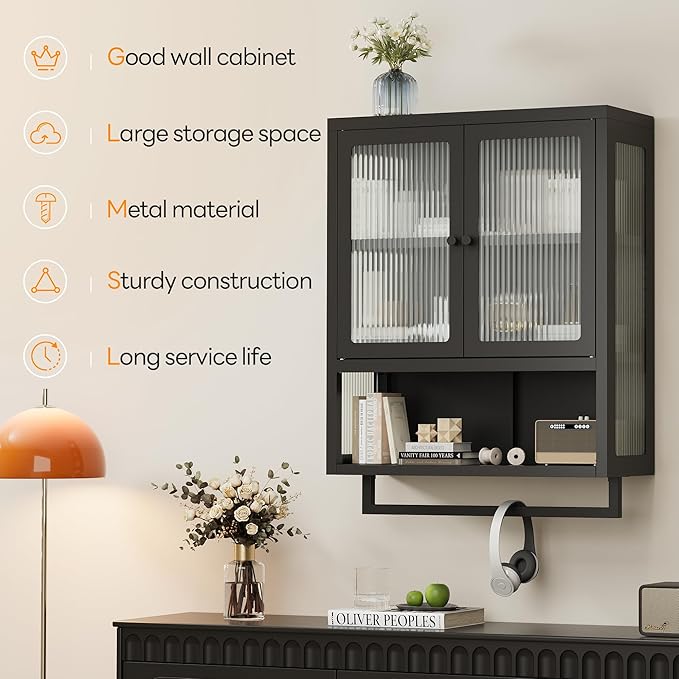 Bathroom Wall Cabinet, Over The Toilet Space Saver Storage Cabinet, Medicine Cabinet with 2 Glass Door and Towel Bar, Metal Wall Mounted Cabinet for Bathroom Laundry Room Kitchen