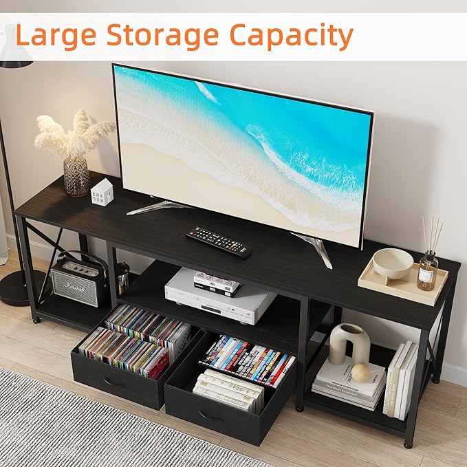 GYIIYUO TV Stand with Fabric Drawers for 55 60 65 Inches TV - Entertainment Center and Industrial TV Console Table with Open Storage Shelves for Living Room, Bedroom - 55.1" Black