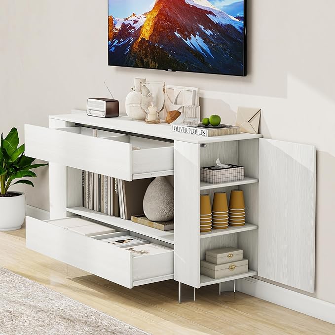Vavkorkula TV Stand for 55 Inch with 2 Large Drawers & Hidden Storage Cabinets, Modern Farmhouse Entertainment Center Television Stands for Living Room Bedroom, White