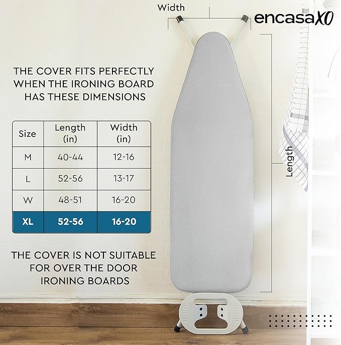 Encasa XO Ironing Board Cover and Pad 54"x18" - 4mm Felt & 2mm Foam Metallized Silver Iron Board Cover with Padding - Heat & Scorch Resistant, Non Slip, Bungee Elasticated, 3 Fasteners Silver Luxury