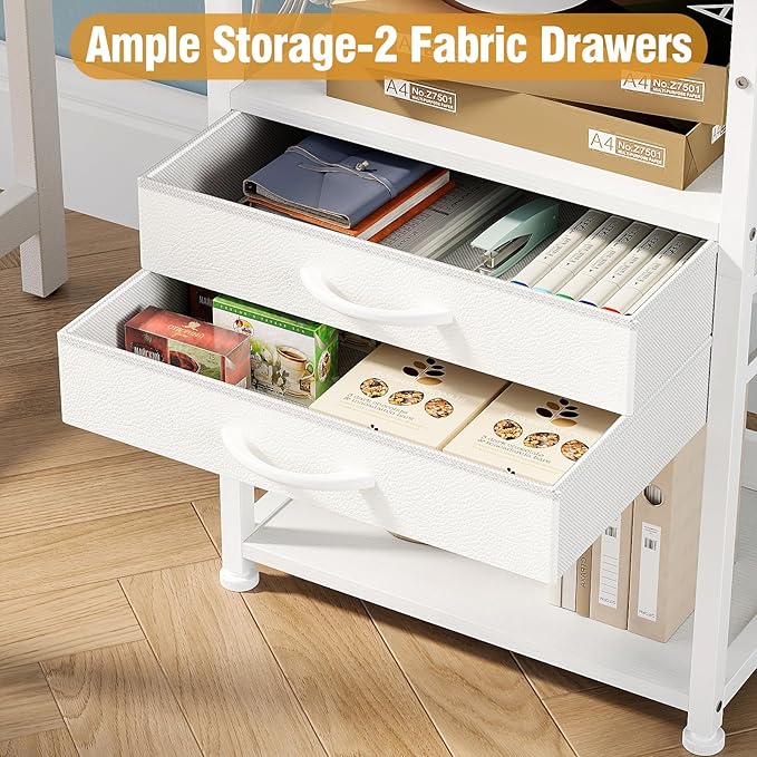 VENNQD Large Printer Stand with Storage Fabric Drawer Under Desk Printer Table with Wheels for Home Office, Printer Cart fit Fax Machine Scanner (White, 3 Tiers)