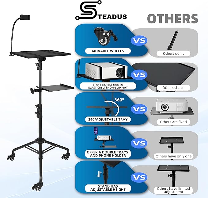 STEADUS Projector Stand Tripod – 24 to 59 Inch Adjustable Height – Dual Shelves Laptop Tripod Stand with Moveable Wheels and Phone Holder, Portable Laptop Stand for Office, Stage & Outdoor Use