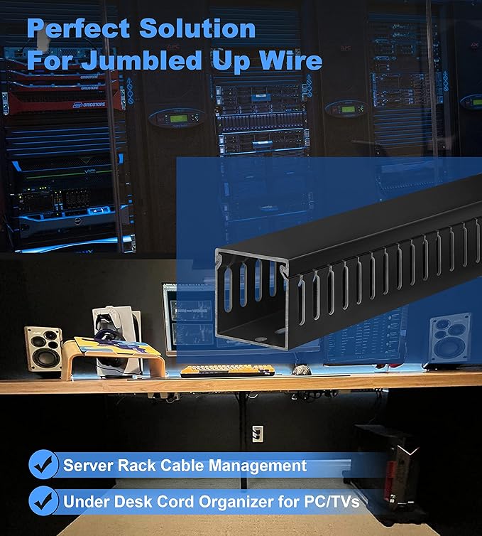 ZhiYo 2x2in Cable Raceway, 6.6ft (2xL3.3ft) Server Rack Cable Management Under Desk Cord Organizer, Electrical Safe PVC Cable Channel Open Slot Wire Raceway for Network/PC/TVs, Wire Duct Black