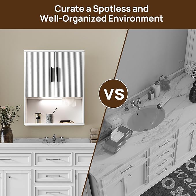Modern Fluted Bathroom Wall Cabinet with Motion Sensor LED Light, White Over The Toilet Storage with Tissue Dispenser, Soft-Close Hanging Medicine Cabinet with Adjustable Shelves & Open Rack