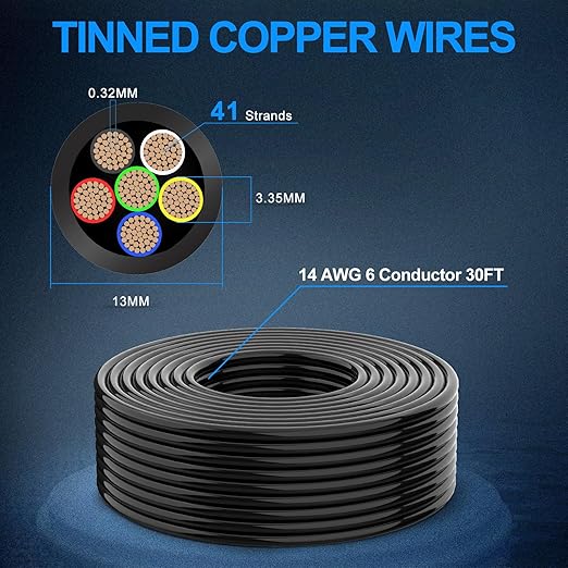 NAOEVO 14 Gauge Wire 6 Conductor Electrical Wire, 14 AWG Stranded PVC Cord, 12V Low Voltage/Tinned Copper/Flexible Cable for Automotive Wiring, Lamp Cord, Marine Cable (30FT)