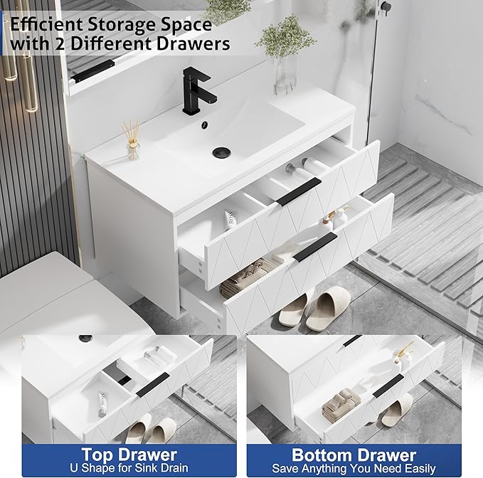 eclife 36" Bathroom Vanities Cabinet with Sink Combo, Wall Mounted Floating Cabinet W/Decor Line, Soft-Close System, 2 Extra Big Drawers, Matte Black Faucet, White