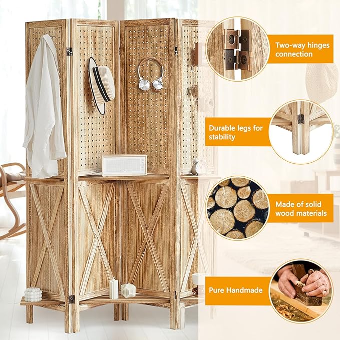 Aleesing 4 Panel Pegboard Display with 16 Hooks, Wooden Pegboard Room Divider Wall with Shelf, Partition Room Dividers and Folding Privacy Screens, Bedroom, Jewelry Store, Natural
