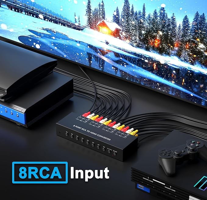 Dingsun 8Port AV to HDMI Converter, Will Convert Input Analog Aignals to a Digital Output Signal, Built-in 16:9/4:3 Adjustment, Perfect for Old Video Game Systems,PS,WII,Xbox,DVD,VHS(with Remote)