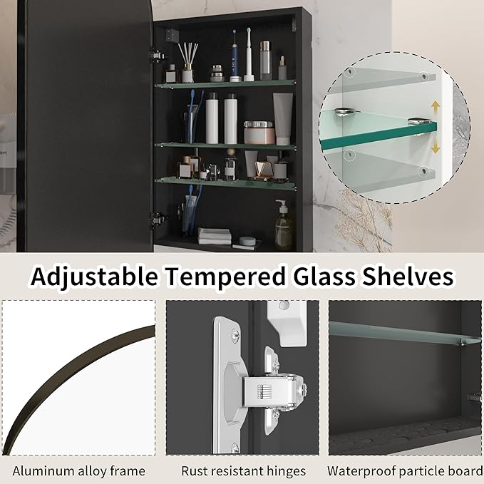 Arched Medicine Cabinet with Mirror,Vanity Mirror with Storage,Wall Mounted Medicine Cabinet with Adjustable Shelves, Reversible Door & HD Mirror,15.7x29.5 inch,Not Recessed,Black