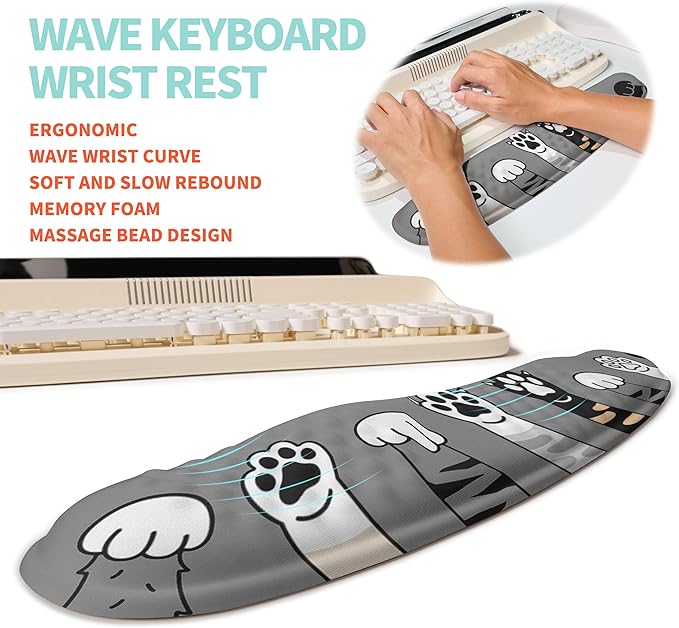 KUOSGM 2-in-1 Ergonomic Set, Wave Rise Keyboard Wrist Rest and Massage Bulge Slope Mouse Pad Wrist Support, Cushion Memory Foam Integrated to Relieve Wrist Pain, Cute Cat Paws