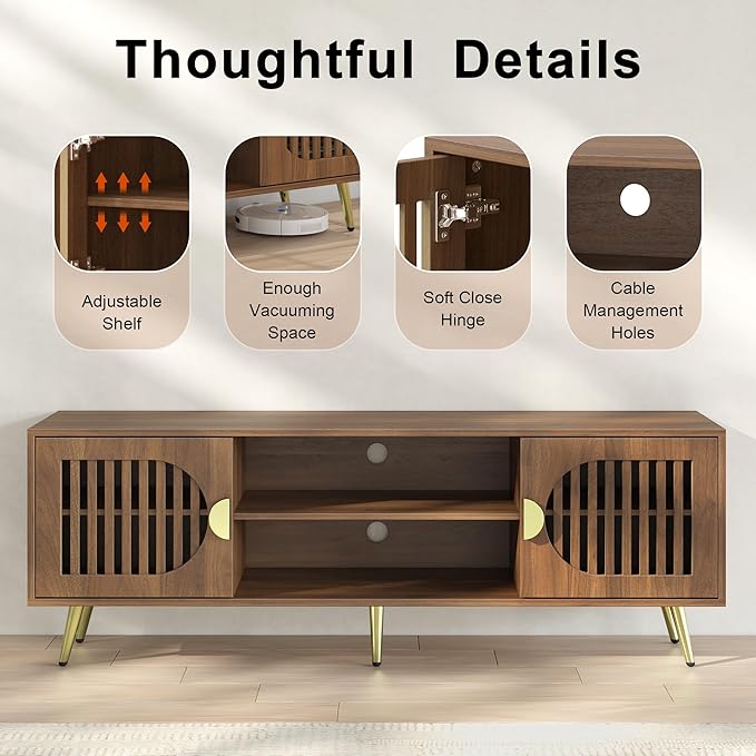 Dorivibe 54.33" Walnut TV Stand for TVs up to 60 Inch, Mid Century Modern Entertainment Center Console Table with Storage Cabinet, Wood Media Furniture for Living Room, Bedroom