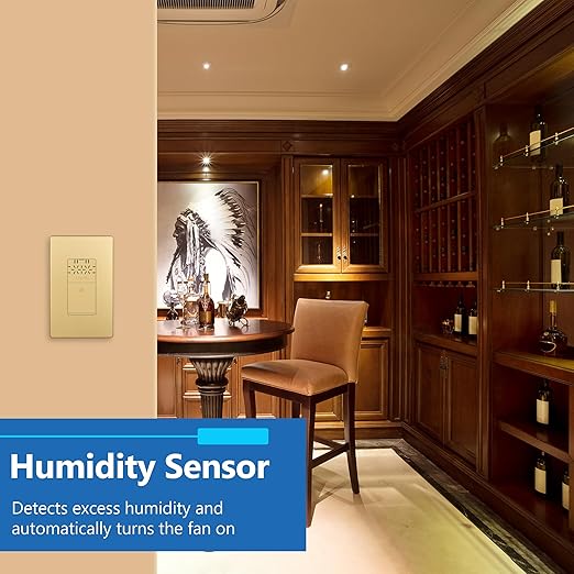 LIDER No Neutral Wire Required Humidity Sensor Switch, Automatic Humidity Detection, Air Circulator, Bathroom Fan Automated Control, Adjustable Timing, 1-Pole, Gold, Screwless Wall Plate Included