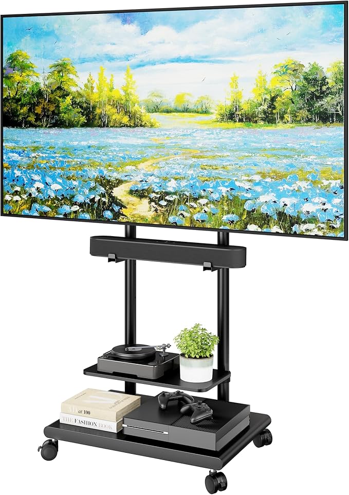 ECOTINY Steel Base Rolling TV Stand with Soundbar Mount for 37-75 inch TVs up to 154lbs, Swivel&Tilt Mobile TV Stand with Large Storage, Height Adjustable Heavy-Duty TV Cart, Max VESA 600x400mm, Black