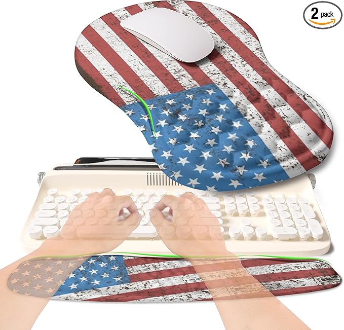 KUOSGM 2-in-1 Ergonomic Set, Wave Rise Keyboard Wrist Rest and Massage Bulge Slope Mouse Pad Wrist Support, Cushion Memory Foam Integrated to Relieve Wrist Pain, American Flag