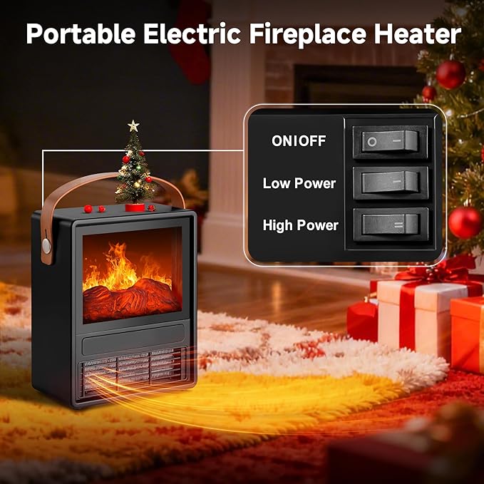 FLAME&SHADE Portable Electric Fireplace Heater for Indoor Use, Fire Place Heaters with 3D LED Flame Overheat & Tilt Protection, Space Heater Small Fireplace for Home Office Christmas Decoration, Black