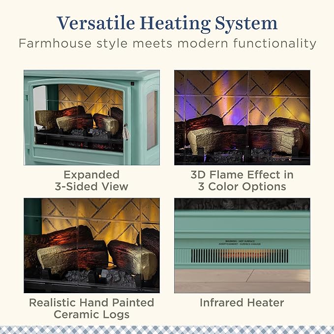 Country Living Infrared Freestanding Electric Fireplace Stove Heater in Mineral Blue | Multiple Flame Colors, Metal Design with Faux Wooden Logs | Alexa/WiFi Enabled, Remote Control