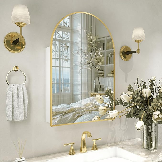 Gold Medicine Cabinet with Mirror,Bathroom Arched Medicine Cabinet Wall Mounted,Modern Vanity Mirror with Storage,Bathroom Storage Cabinet with Adjustable Shelves,Not Recessed,24x36 Inch