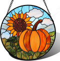 DASTOLL Stained Glass Window Hanging Fall Farm Scenery Sunflower Pumpkin 7.8" - Suncatcher Door Garden Kitchen Sunroom Sun Catcher Home Decor Birthday for Mom Grandma Men Woman