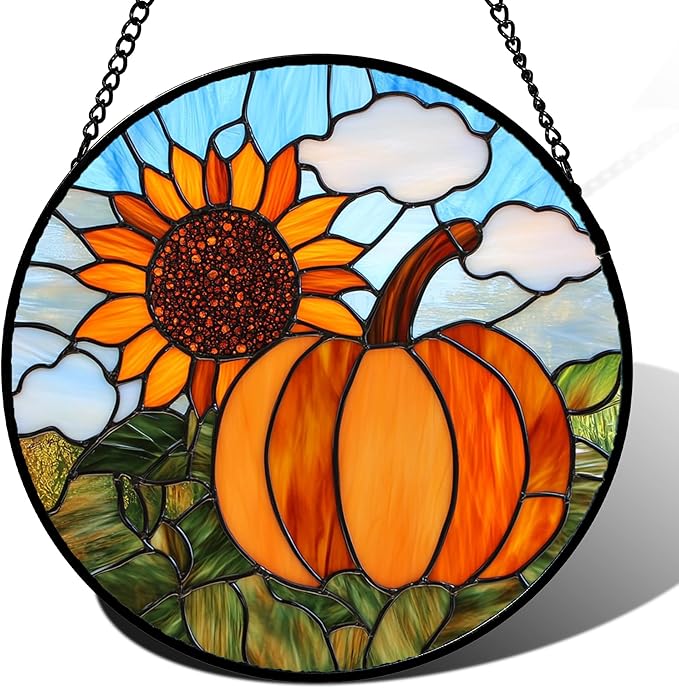 DASTOLL Stained Glass Window Hanging Fall Farm Scenery Sunflower Pumpkin 6.3" - Suncatcher Door Garden Kitchen Sunroom Sun Catcher Home Decor Birthday for Mom Grandma Men Woman