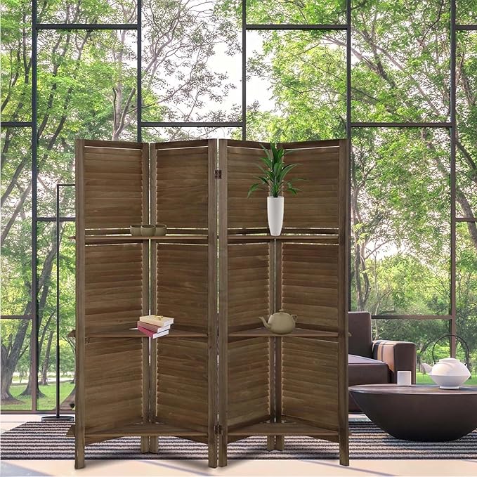 4 Panel Room Divider with Shelves, Room Dividers and Folding Privacy Screens, Folding Room Dividers 4 Panel, Wood Room Divider with 3 Display Shelves for Home Office (Brown)