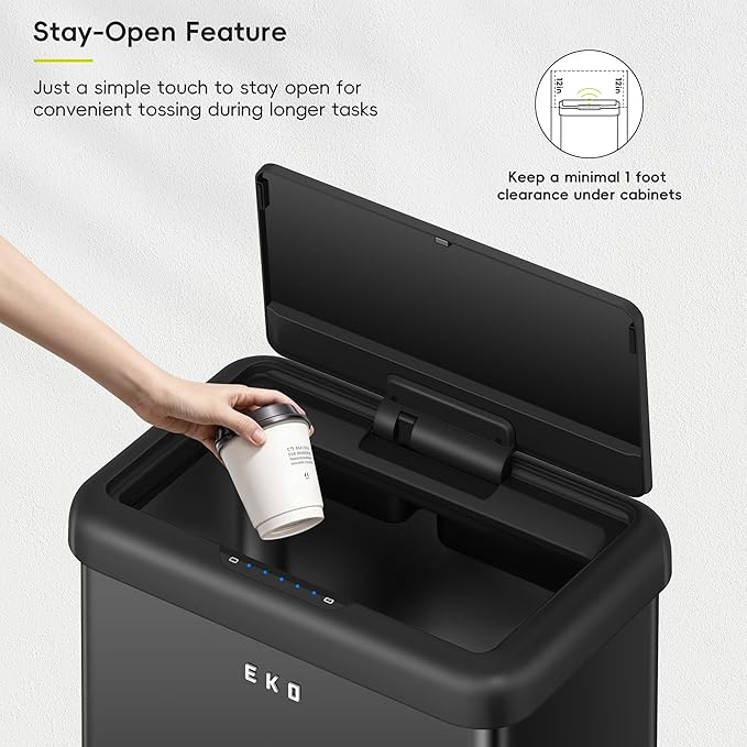 EKO Vintage 50L / 13.2 Gallon Motion Sensor Trash Can, Dual Compartment 32L + 18L Stainless Steel Kitchen Garbage Bin, Touchless Automatic Waste & Recycling Bin with Lid for Home Office, Matte Black